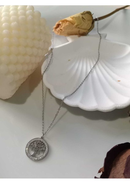 Yaşam Ağacı Kolye Gümüş Rengi Paslanmaz Çelik
