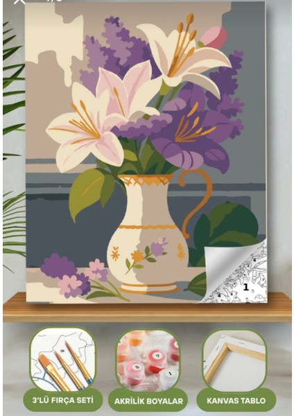 Sayılarla Boyama Seti 40X50 cm (Çıtalı) Fırça Boya Dahil Numaralı Tuval Sürahi Mor Beyaz Lale modelleri