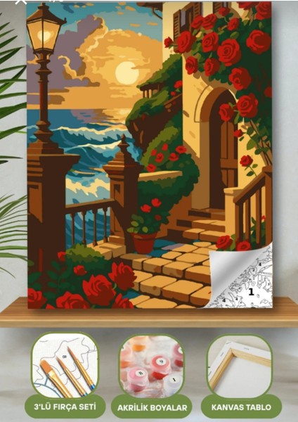 Sayılarla Boyama Seti 40X50 cm (Çıtalı) Fırça Boya Dahil Numaralı Tuval Kırmızı Gül Bina Manzara modelleri