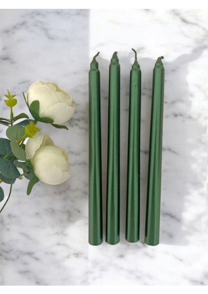 2'li Metalik Yeşil -Şamdan Mum-Konik Mum