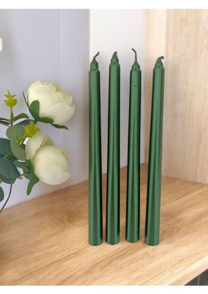 2'li Metalik Yeşil -Şamdan Mum-Konik Mum