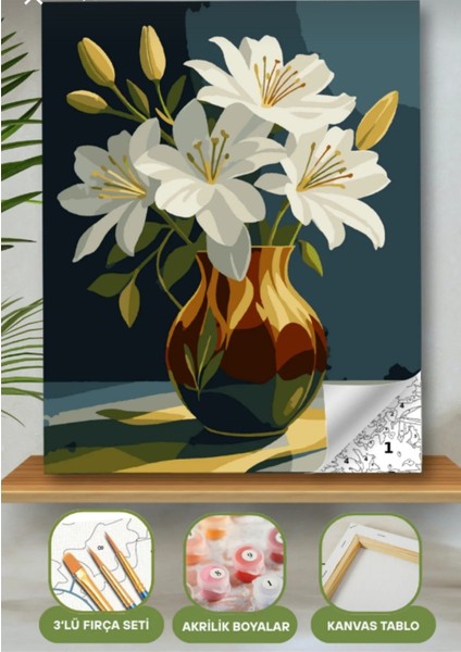 Sayılarla Boyama Seti 40X50 cm (Çıtalı) Fırça Boya Dahil Numaralı Tuval Renkli Vazo Beyaz Çiçek modelleri