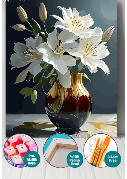 Sayılarla Boyama Seti 40X50 cm (Çıtalı) Fırça Boya Dahil Numaralı Tuval Renkli Vazo Beyaz Çiçek fırsatları