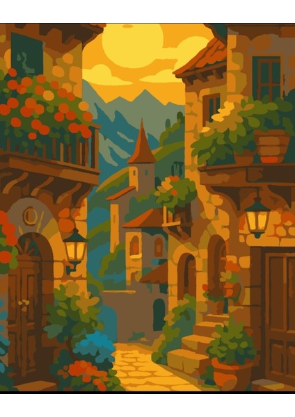 Sayılarla Boyama Seti 40X50 cm (Çıtalı) Fırça Boya Dahil Numaralı Tuval Renkli Binalar