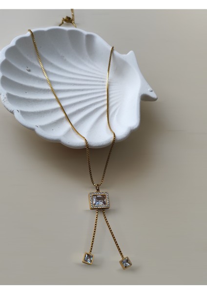 Baget Taş Sallantılı Gold Kolye Paslanmaz Celik modelleri