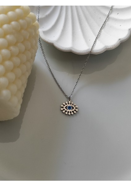 Nazar Boncuklu Göz Detaylı Gümüş Renk Kolye Paslanmaz Celik