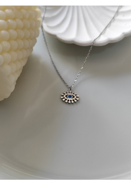 Nazar Boncuklu Göz Detaylı Gümüş Renk Kolye Paslanmaz Celik