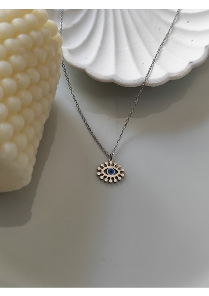 Nazar Boncuklu Göz Detaylı Gümüş Renk Kolye Paslanmaz Celik