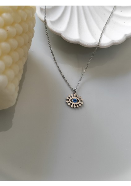 Nazar Boncuklu Göz Detaylı Gümüş Renk Kolye Paslanmaz Celik