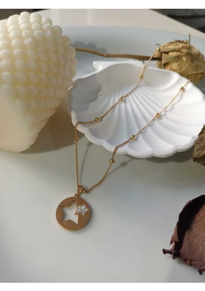 Yıldız Taşli Kolye Altın Sarisi Paslanmaz Çelik