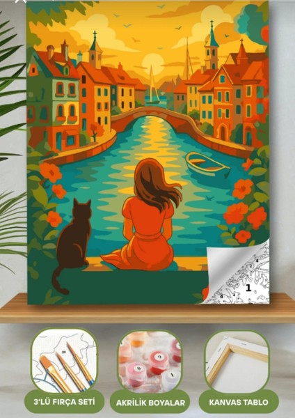Sayılarla Boyama Seti 40X50 cm (Çıtalı) Fırça Boya Dahil Numaralı Tuval Kız ve Kedi modelleri