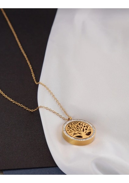 Yaşam Ağacı Kolye Taşlı Gold Paslanmaz Celik