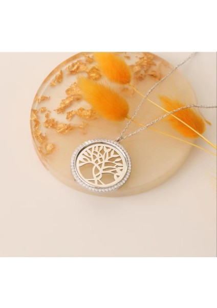 Yaşam Ağacı Kolye Taşlı Gold Paslanmaz Celik