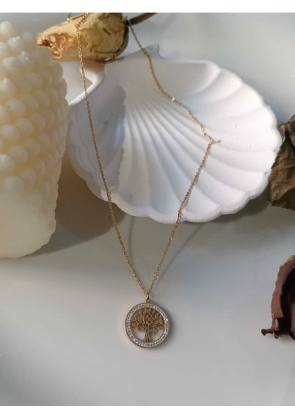 Yaşam Ağacı Kolye Taşlı Gold Paslanmaz Celik