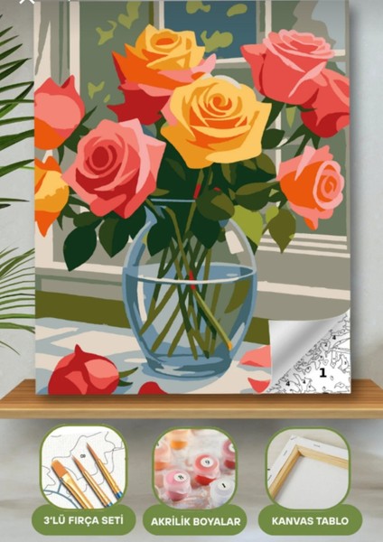 Sayılarla Boyama Seti 40X50 cm (Çıtalı) Fırça Boya Dahil Numaralı Tuval Cam Vazo Renkli Gül modelleri
