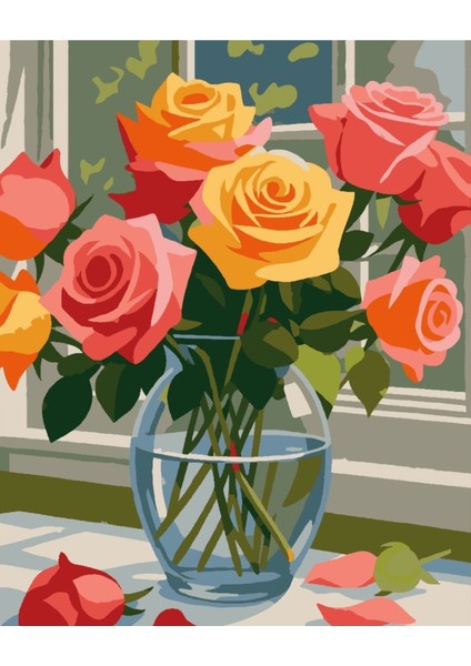 Sayılarla Boyama Seti 40X50 cm (Çıtalı) Fırça Boya Dahil Numaralı Tuval Cam Vazo Renkli Gül fırsatları