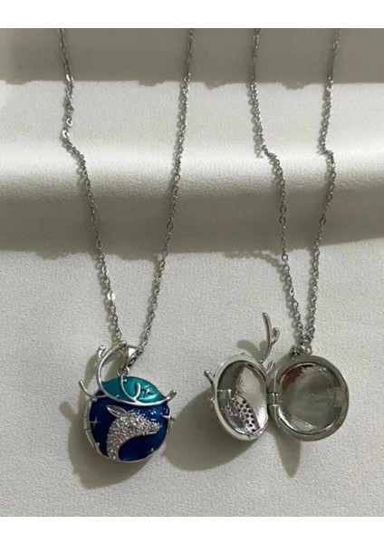 Madalyon Geyikli Mavi Açılabilir Kapaklı Resim Koyulabilen Paslanmaz Çelik Kolye indirimleri
