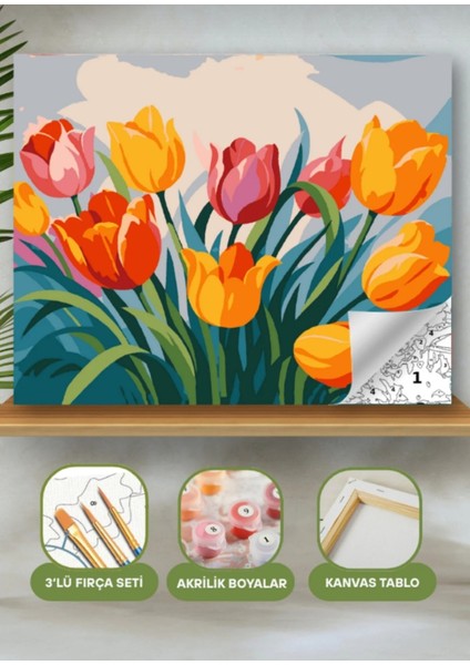 Sayılarla Boyama Seti 40X50 cm (Çıtalı) Fırça Boya Dahil Numaralı Tuval Rengarenk Laleler