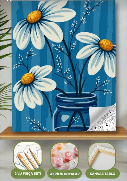 Sayılarla Boyama Seti 40X50 cm (Çıtalı) Fırça Boya Dahil Numaralı Tuval 3 Beyaz Papatya