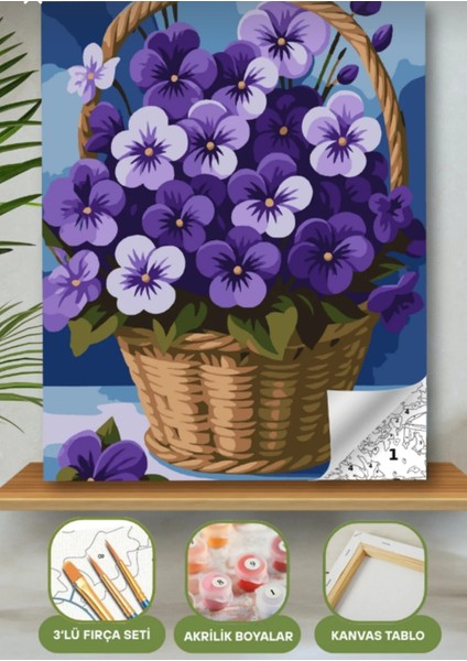 Sayılarla Boyama Seti 40X50 cm (Çıtalı) Fırça Boya Dahil Numaralı Tuval Sepet Mor Çiçekler modelleri