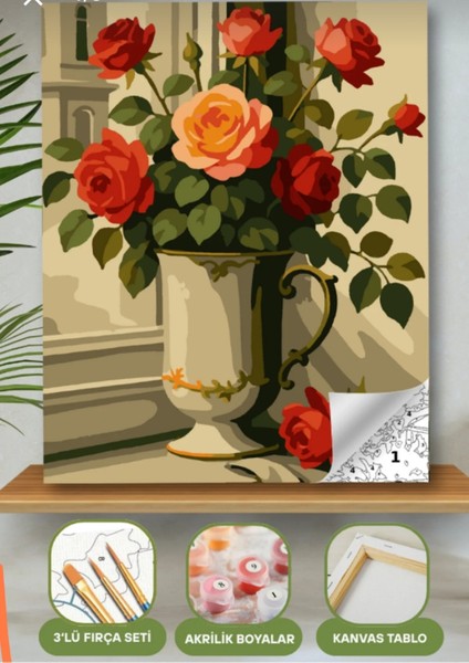 Sayılarla Boyama Seti 40X50 cm (Çıtalı) Fırça Boya Dahil Numaralı Tuval Kurplu Saksı Kırmızı Gül modelleri