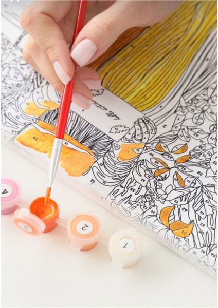 Sayılarla Boyama Seti 40X50 cm (Çıtalı) Fırça Boya Dahil Numaralı Tuval Kurplu Saksı Kırmızı Gül