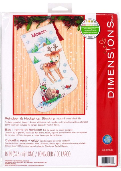 Kanaviçe "ren Geyiği ve Kirpi" Kişiselleştirilmiş Çorap Seti, Beyaz 14 Adet Aida, 40 cm