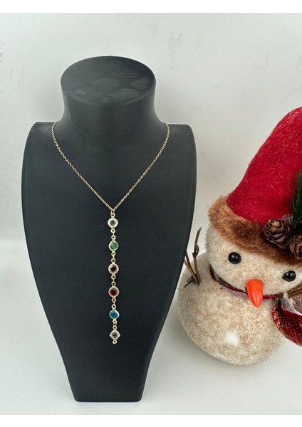 Renkli Taşlı Altın Renk Zincir Boncuk Kolye Enerjik ve Şık Tasarım