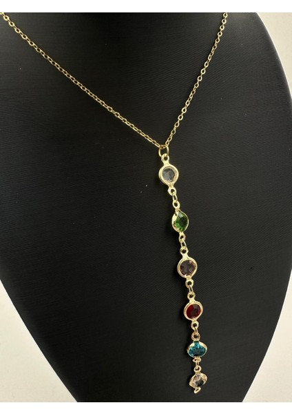 Renkli Taşlı Altın Renk Zincir Boncuk Kolye Enerjik ve Şık Tasarım fiyatları