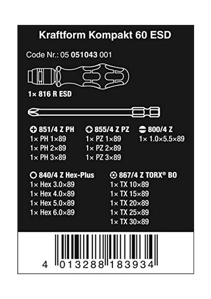 Tornavida Seti Kompakt 60 Esd, 17 Parça, 05051043001 fiyatları