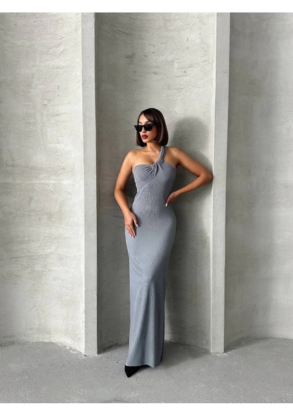 Mtxdpn Tek Omuz Pliseli Elbise Gri (Beden: M)