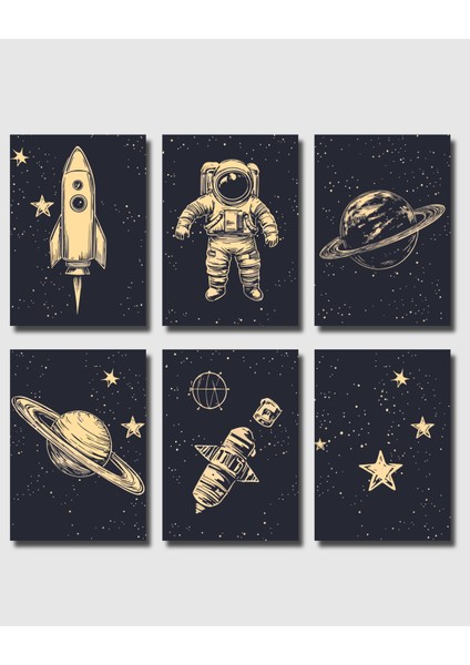 Uzay Temalı Poster Seti 6 Adet,çerçevesiz Astronot,roket,gezegen,çocuk Odası Duvar Dekoru