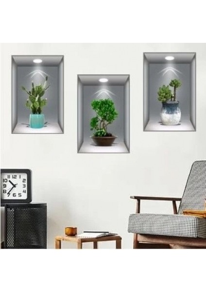 3D Çiçek Vazo Duvar Sticker 3 Lü Set Gri Fon