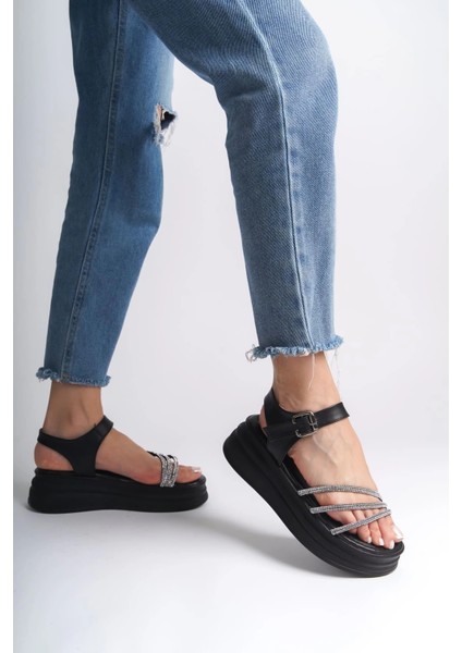 Eva Kalın Tokalı Taşlı Şeritli Ortopedik Taban Kadın Sandalet Cst - Siyah