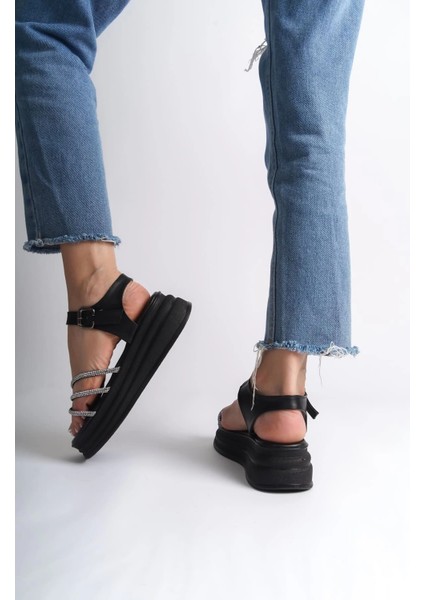 Eva Kalın Tokalı Taşlı Şeritli Ortopedik Taban Kadın Sandalet Cst - Siyah modelleri