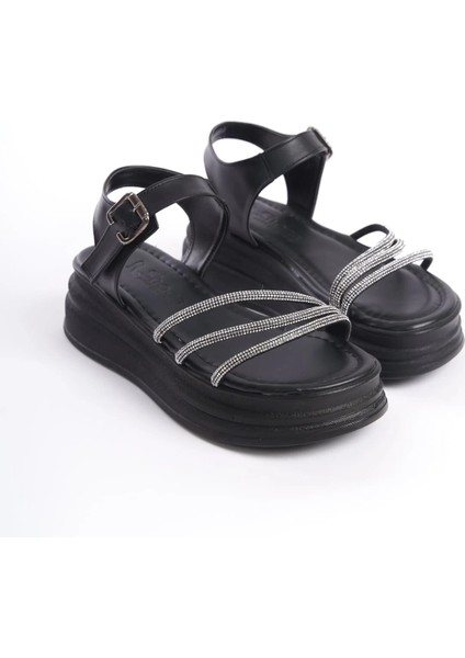 Eva Kalın Tokalı Taşlı Şeritli Ortopedik Taban Kadın Sandalet Cst - Siyah fırsatları