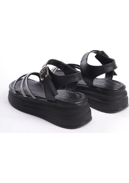 Eva Kalın Tokalı Taşlı Şeritli Ortopedik Taban Kadın Sandalet Cst - Siyah indirimleri