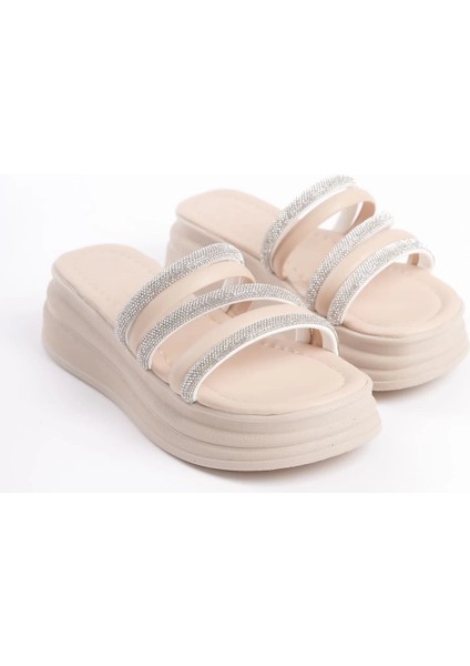 Elıse Düz Topuklu Şeritli Taşlı Kalın ve Ortopedik Taban Kadın Terlik Ckt - Krem fırsatları