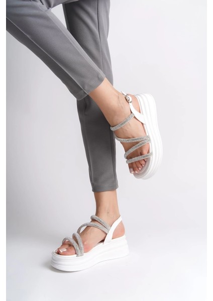 Rıley Ince Tokalı Taşlı Şeritli Ortopedik Taban Kadın Sandalet Cbt - Beyaz modelleri