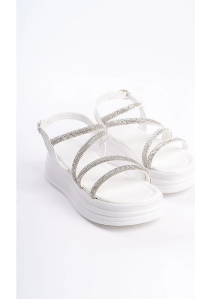 Rıley Ince Tokalı Taşlı Şeritli Ortopedik Taban Kadın Sandalet Cbt - Beyaz fırsatları