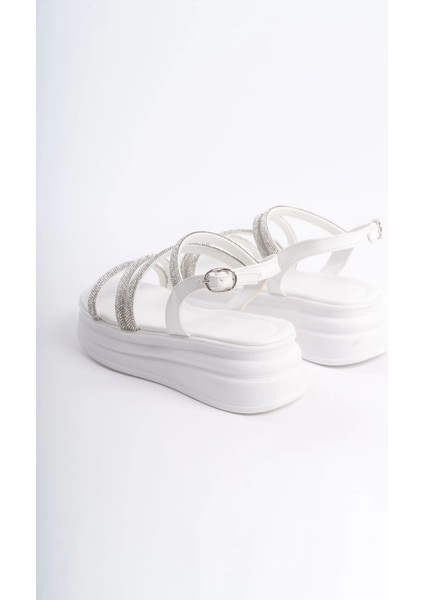 Rıley Ince Tokalı Taşlı Şeritli Ortopedik Taban Kadın Sandalet Cbt - Beyaz indirimleri