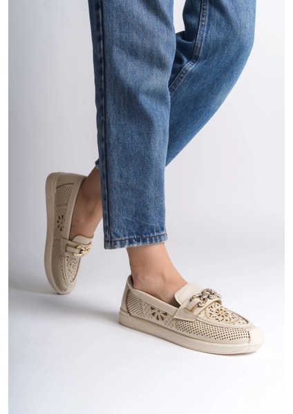 Layla Bağcıksız Ortopedik Rahat Taban Çiçek Desenli Kadın Babet Ayakkabı Ckt - Krem fiyatları