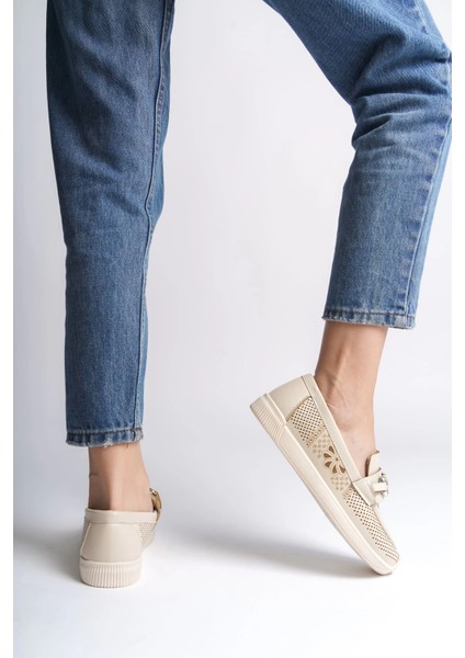 Layla Bağcıksız Ortopedik Rahat Taban Çiçek Desenli Kadın Babet Ayakkabı Ckt - Krem modelleri