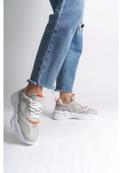 Tokyo Bağcıklı Ortopedik Taban Triko Detaylı Kadın Spor Ayakkabı Tbt - Gri/turuncu