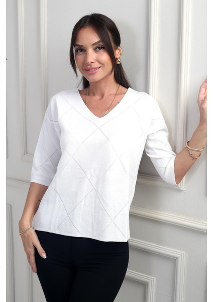 Kadın V Yaka Baklava Desenli Yarım Kol Simli Bluz fiyatları