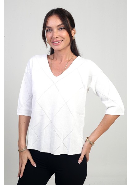 Kadın V Yaka Baklava Desenli Yarım Kol Simli Bluz modelleri