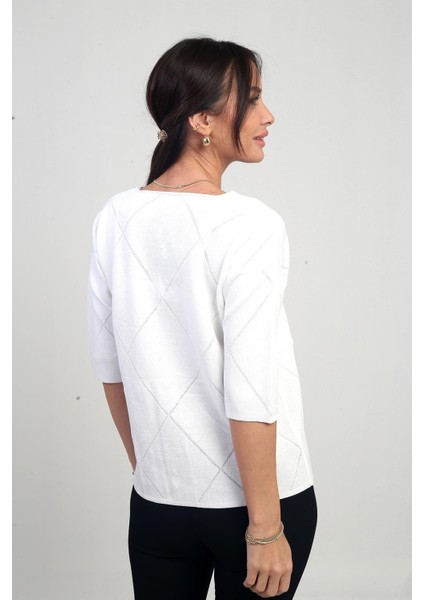 Kadın V Yaka Baklava Desenli Yarım Kol Simli Bluz fırsatları