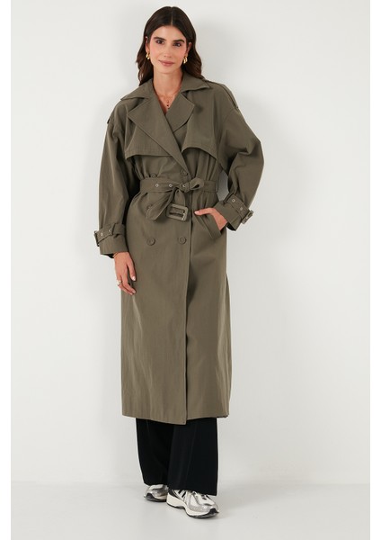 Pamuklu Oversize Kruvaze Yaka Kol Apoletli Rüzgarlıklı Trençkot Bayan Trençkot 6839637 fiyatları