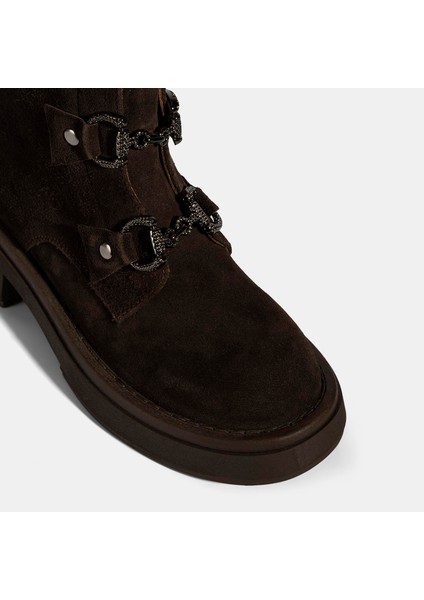 Kadın Kahve Metal Toka Detaylı Süet Deri Bot