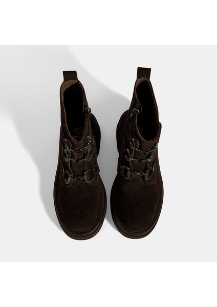 Kadın Kahve Metal Toka Detaylı Süet Deri Bot